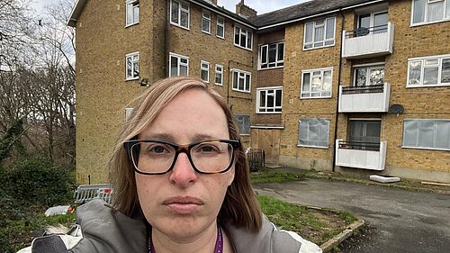 Cllr Claire Bonham outside South Bank flats